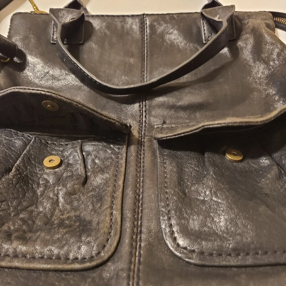 Fossil Black Slouchy Leather Fold‎ Over Cargo Purse Bag Sade Noire Dark Academia
